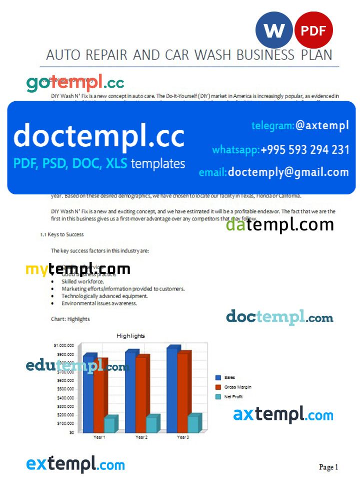auto repair and car wash business plan template in Word and PDF formats