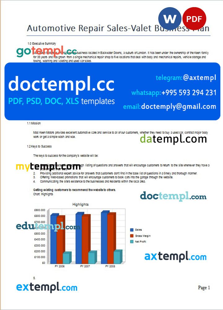 automotive repair sales-valet business plan template in Word and PDF formats