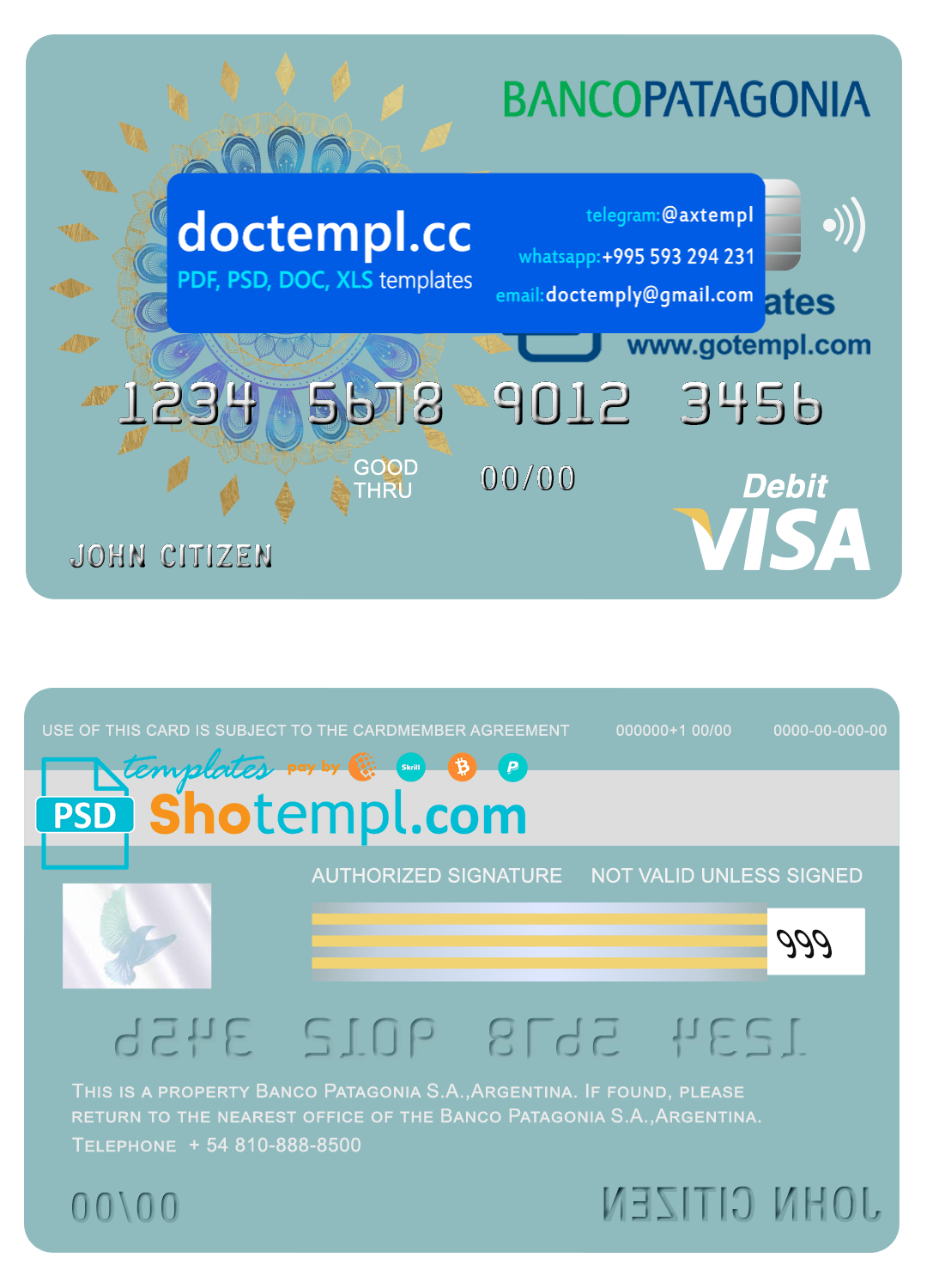 Argentina Banco Patagonia bank visa card debit card template in PSD format, fully editable