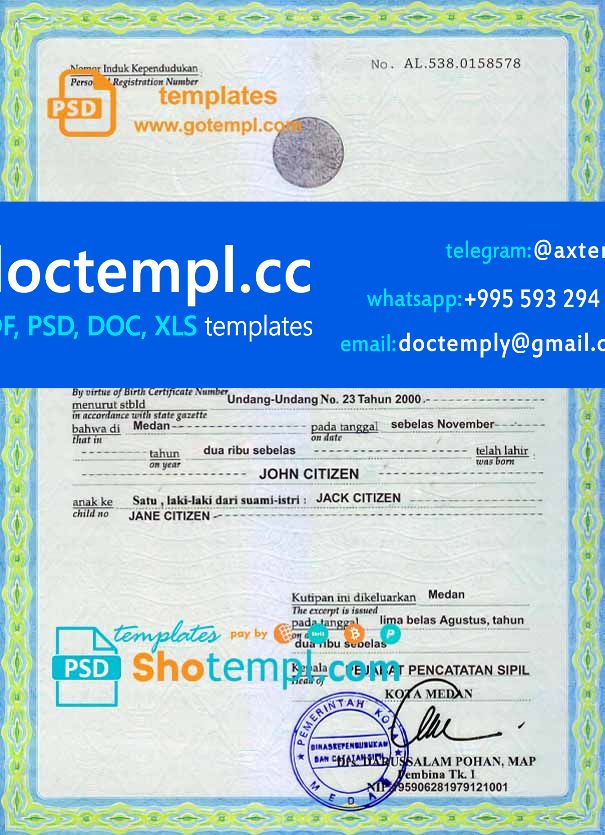 Indonesia birth certificate template in PSD format, fully editable