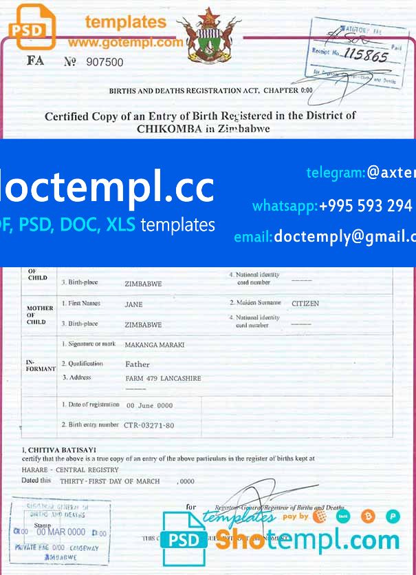 Zimbabwe birth certificate template in PSD format, fully editable