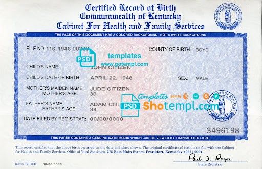 USA Kentucky state birth certificate template in PSD format, fully editable