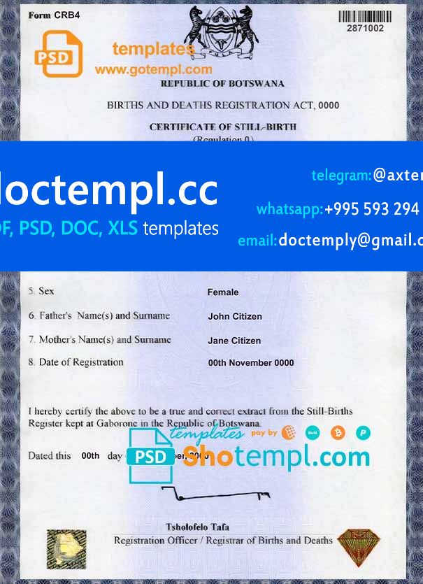 Botswana birth certificate template in PSD format, fully editable