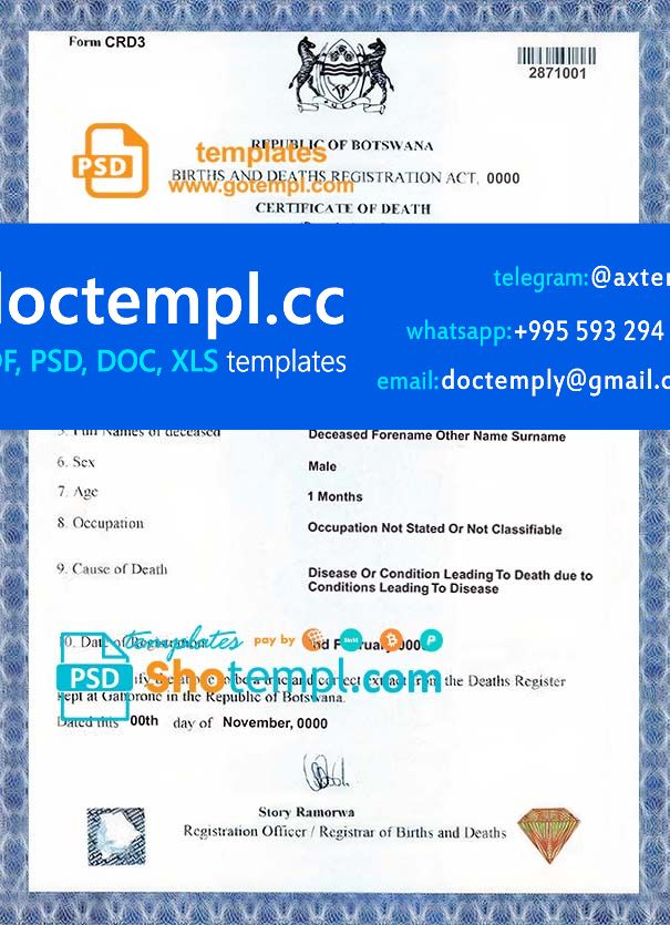 Botswana death certificate template in PSD format, fully editable