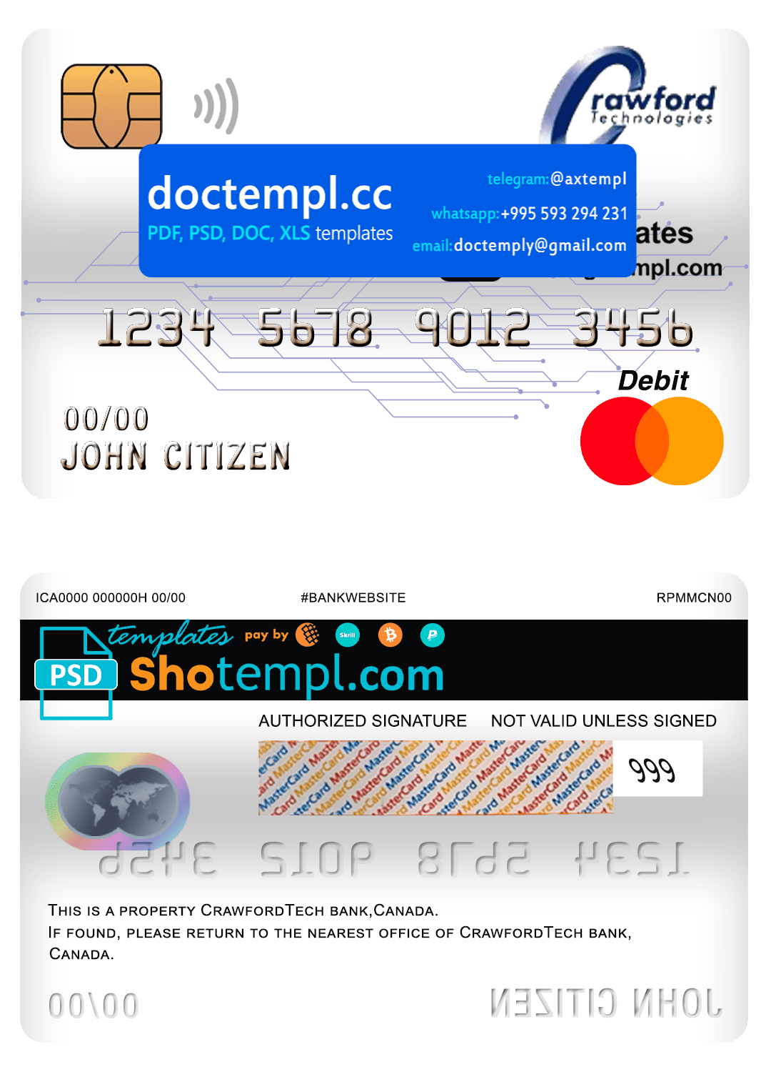 Canada CrawfordTech bank mastercard debit card template in PSD format, fully editable