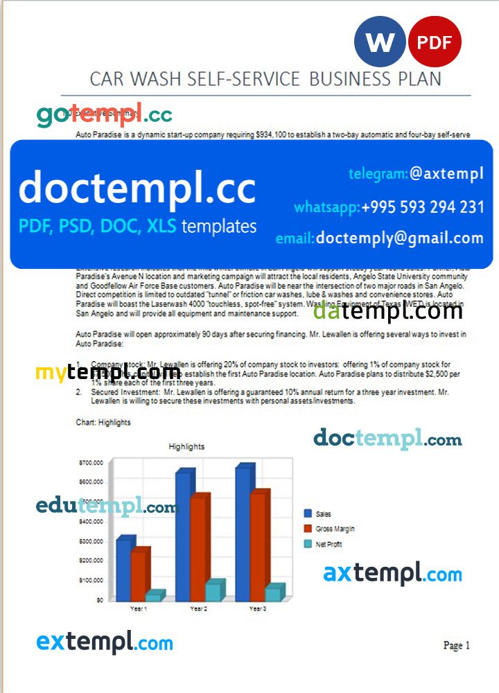 car wash self-service business plan template in Word and PDF formats