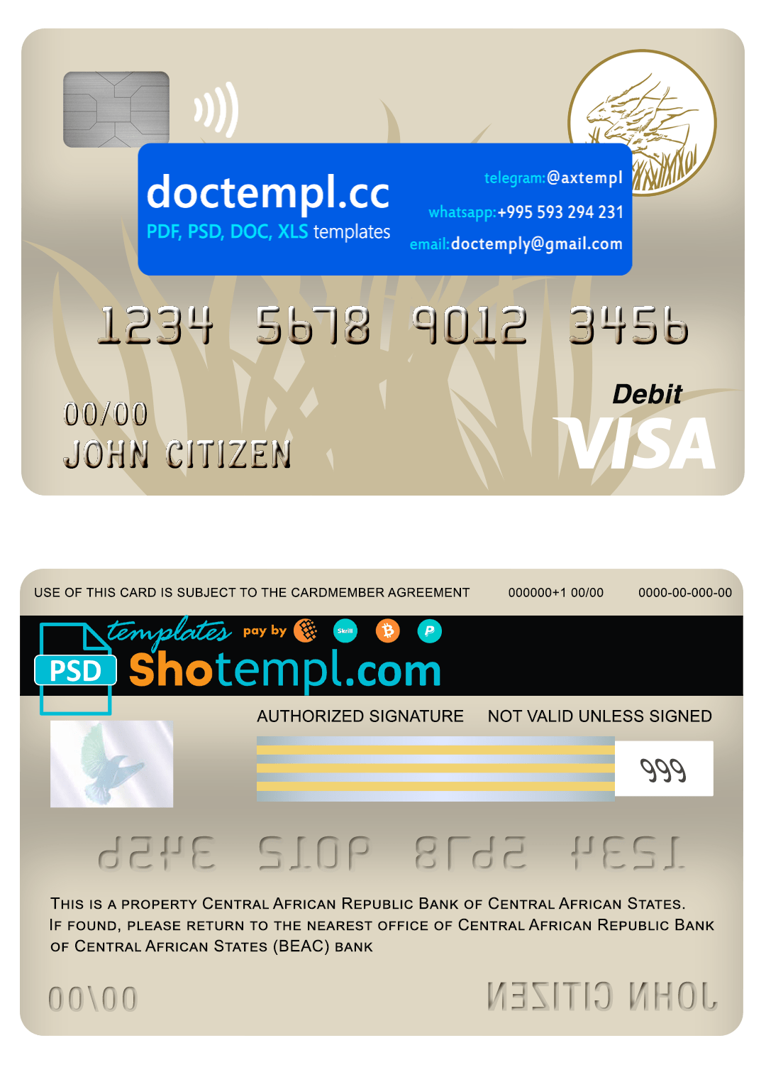 Central African Republic Bank of Central African States (BEAC) bank visa card debit card template in PSD format, fully editable