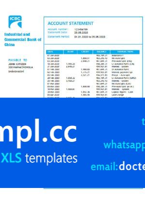 China Industrial and Commercial Bank of China bank statement template in Word and PDF format