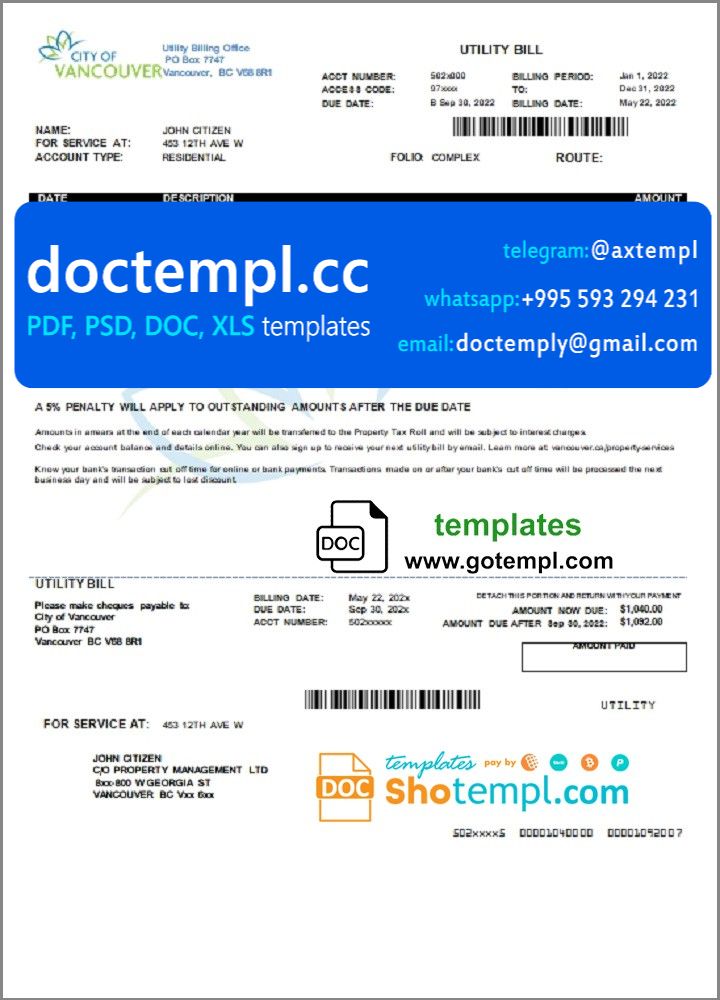 Canada British Columbia City of Vancouver utility bill template in Word and PDF format