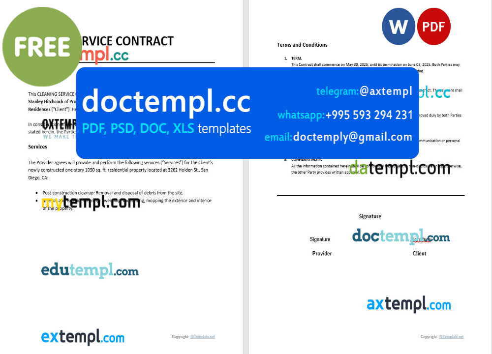 cleaning services contract agreement invoice template, Word and PDF format