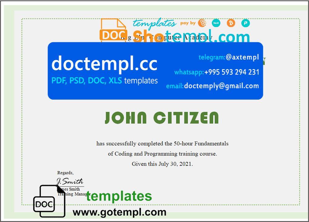 USA Computer Training certificate template in Word and PDF format