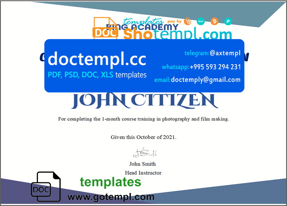 USA Course Completion certificate template in Word and PDF format