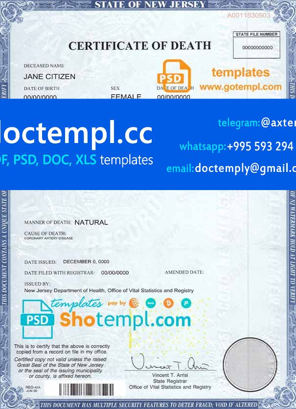 USA state New Jersey death certificate template in PSD format, fully editable