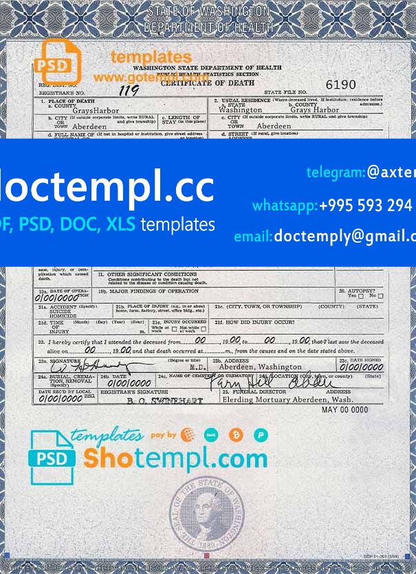 USA Washington state death certificate template in PSD format, fully