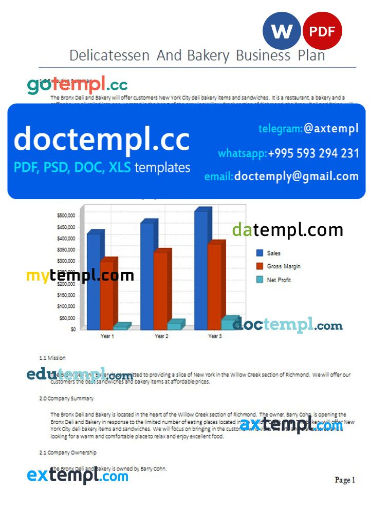 delicatessen and bakery business plan template in Word and PDF formats