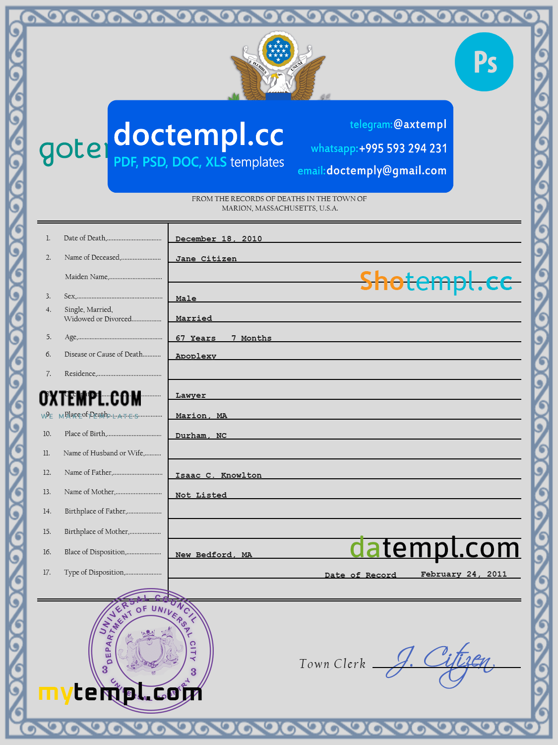 # dynamic vital record death certificate universal PSD template