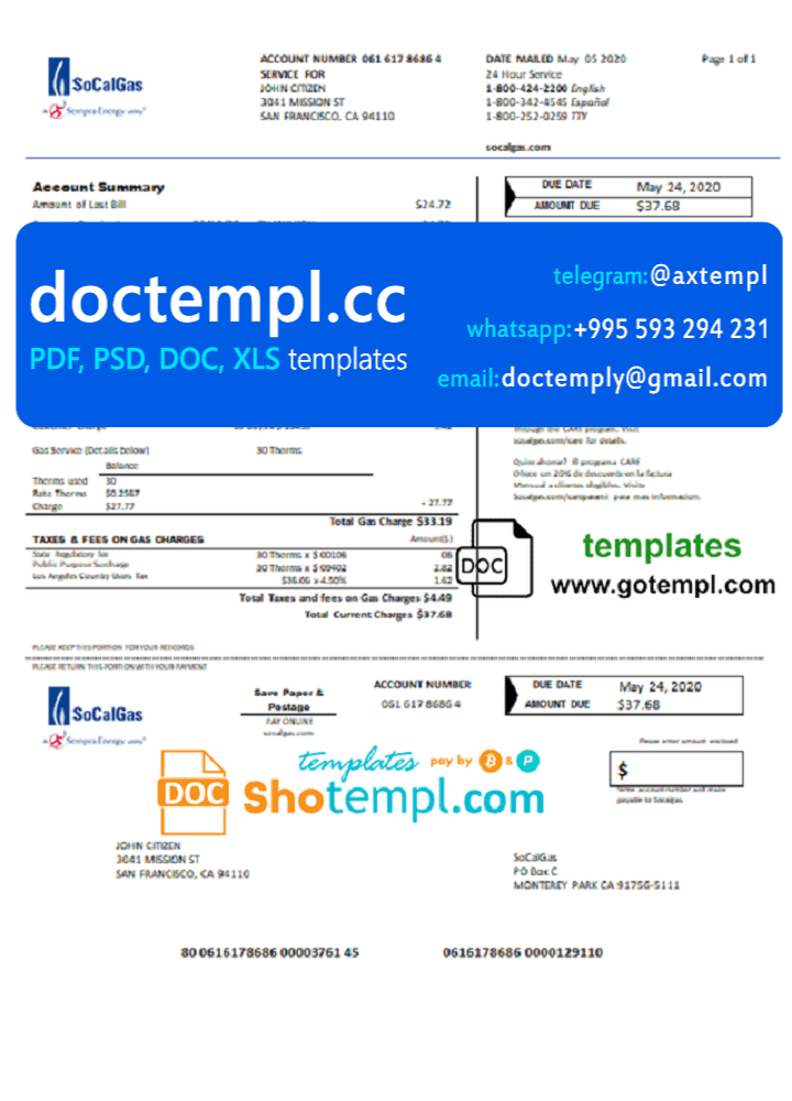 USA California SoCal Gas utility bill template in Word and PDF format