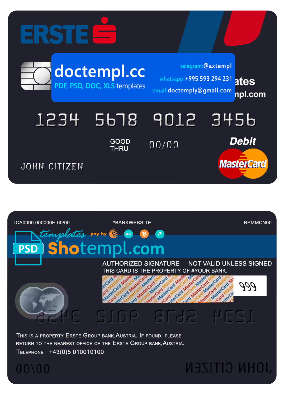 Austria Erste Group bank mastercard debit card template in PSD format, fully editable