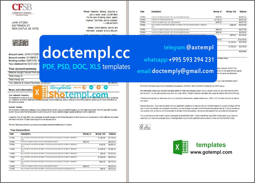 USA New York CFSB bank statement template in Excel and PDF format, 2 pages
