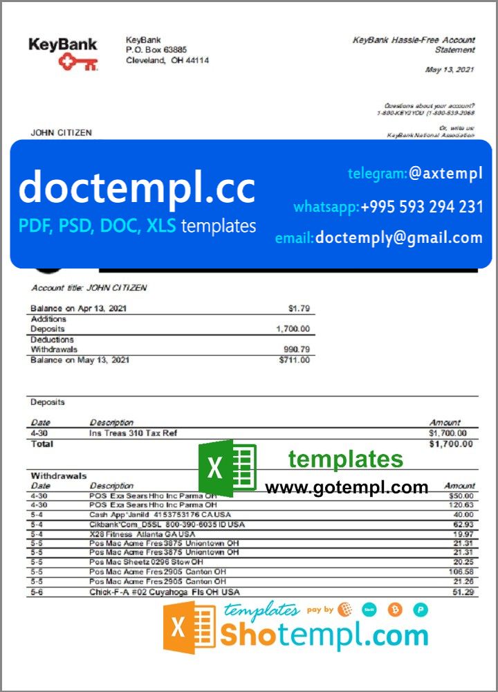 USA Ohio KeyBank bank statement template in Excel and PDF format