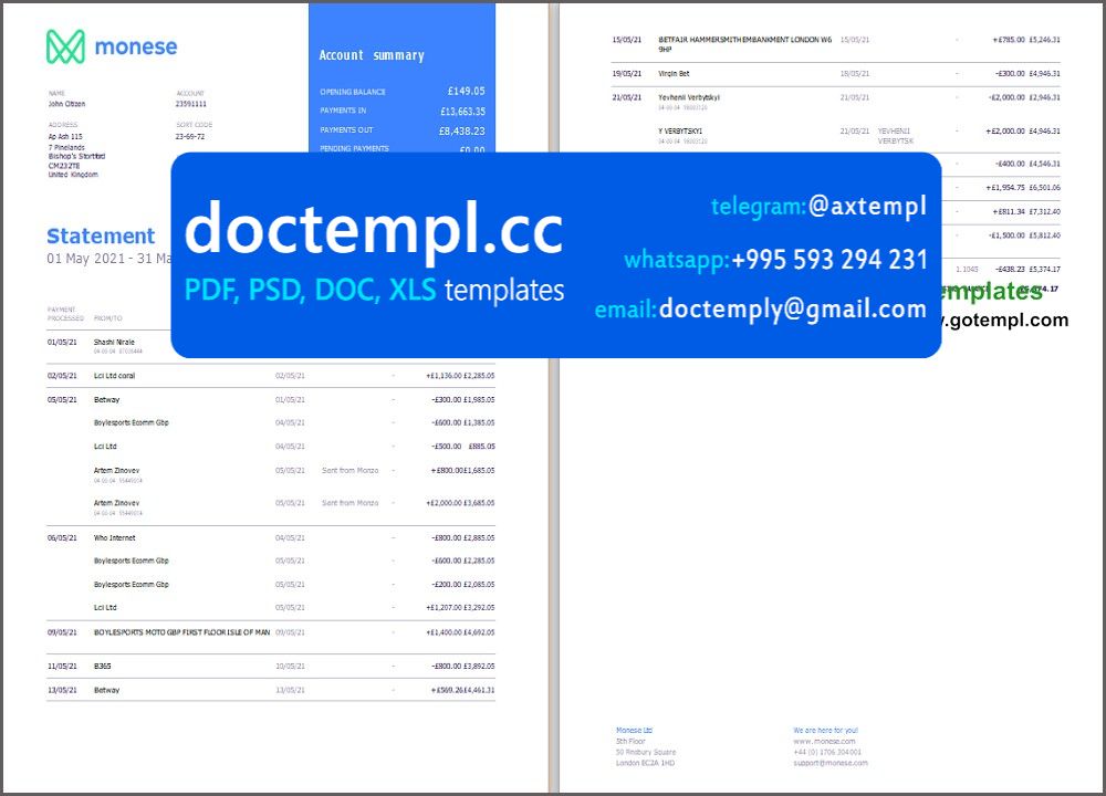 United Kingdom Monese bank statement template in Excel and PDF format, 2 pages