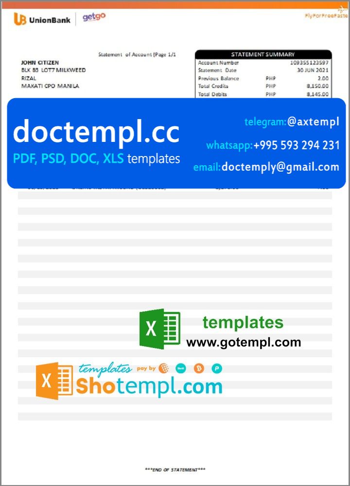 Philippines Unionbank bank statement template in Excel and PDF format