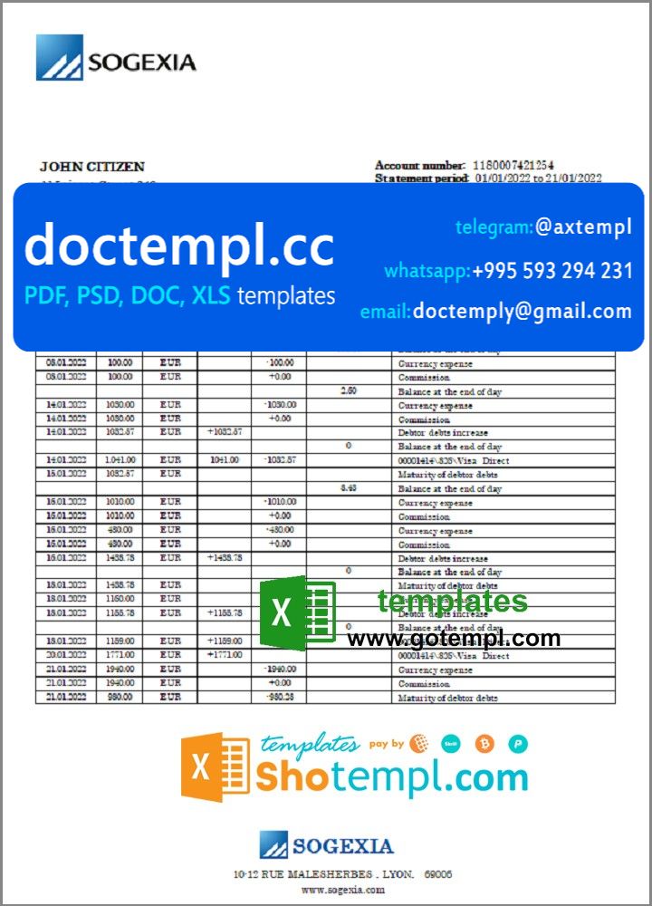 Luxembourg Sogexia Bank statement template in Excel and PDF format