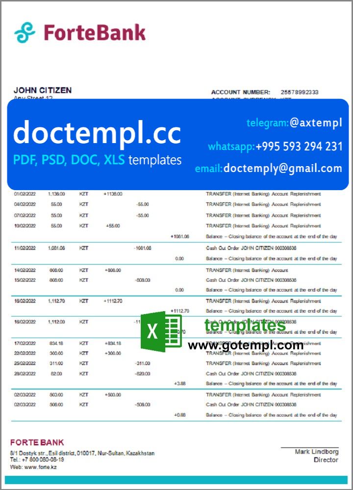 Kazakhstan Forte bank statement template in Excel and PDF format
