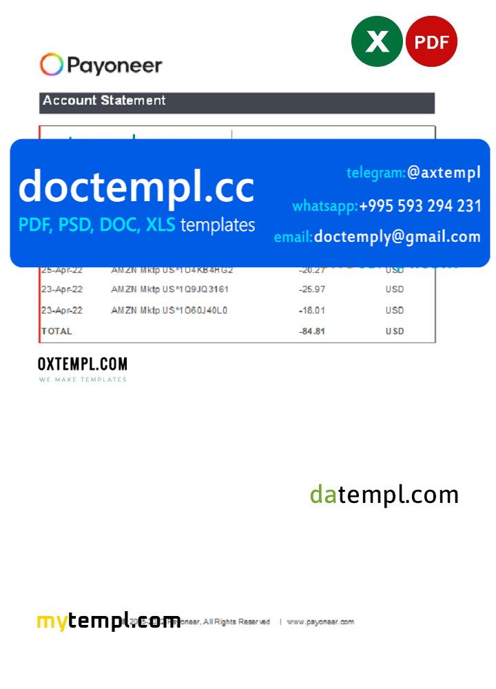 USA Payoneer account statement Excel and PDF template