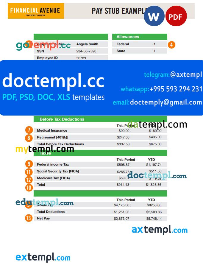 Financial avenue pay stub Word and PDF template