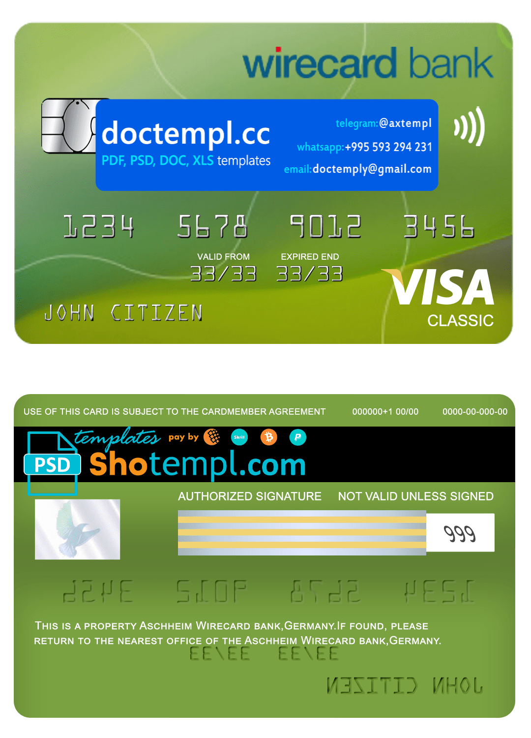 Germany Aschheim Wirecard bank visa classic card template in PSD format, fully editable