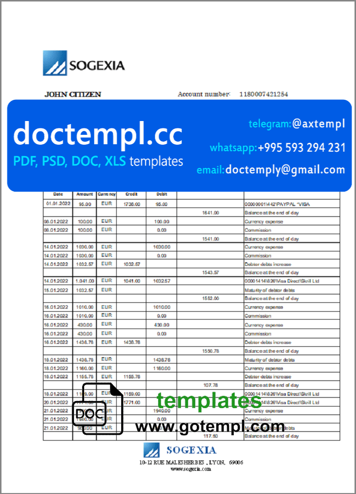 Luxembourg Sogexia Bank statement template in Word and PDF format