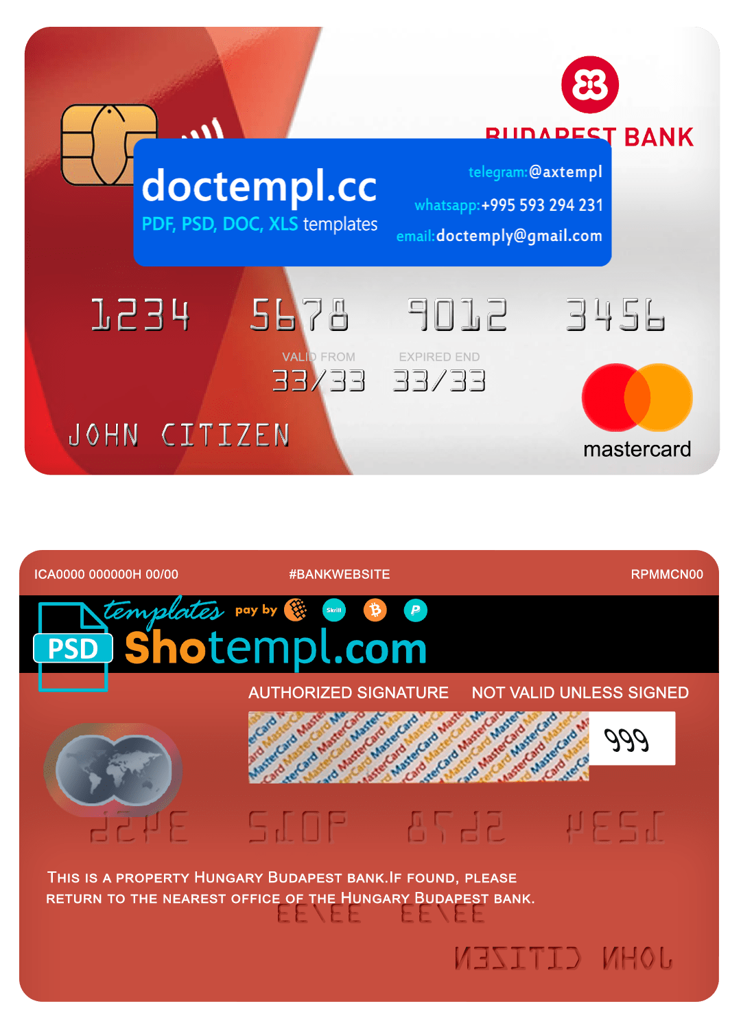Hungary Budapest bank mastercard, fully editable template in PSD format