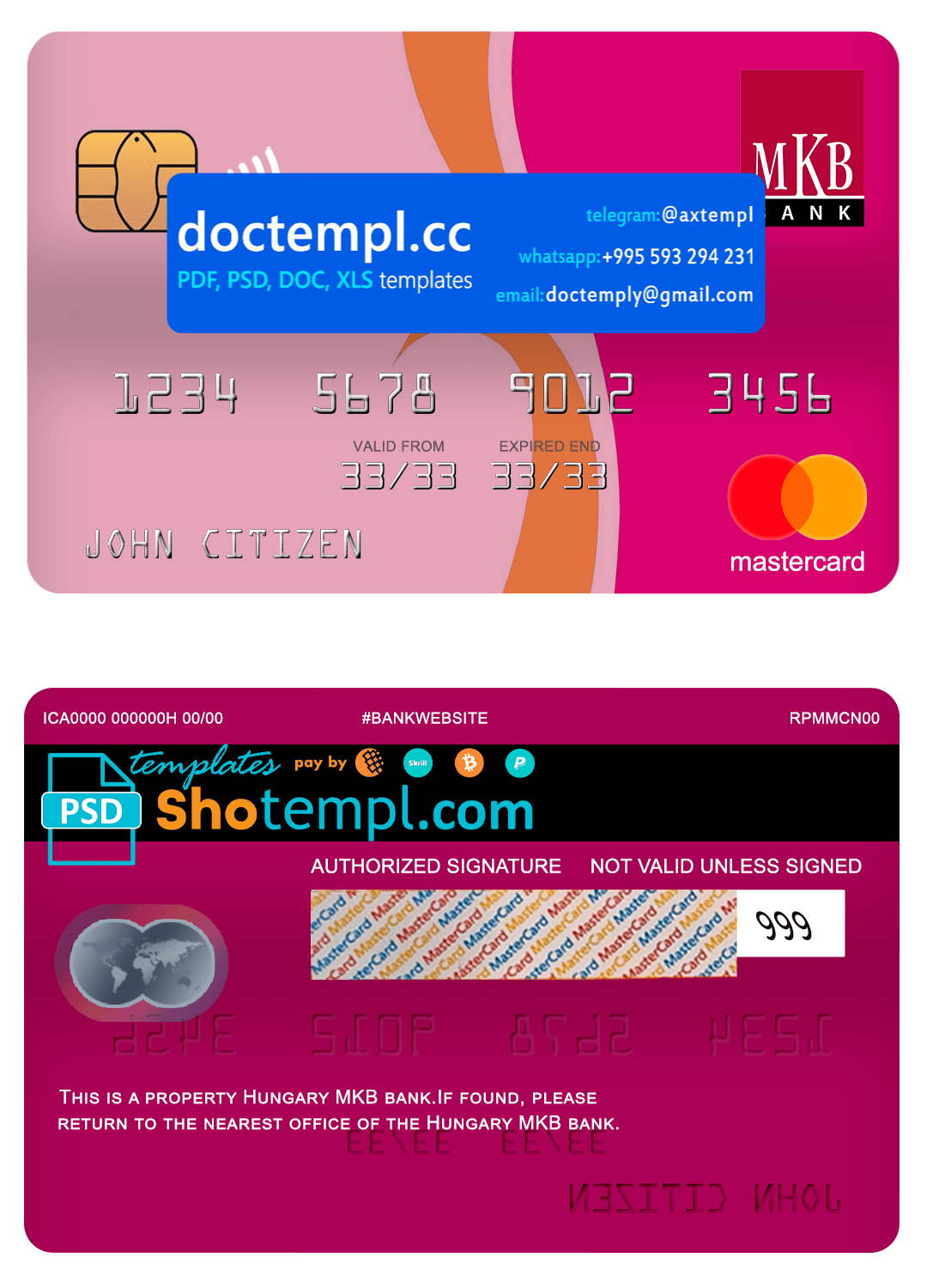 Hungary MKB bank mastercard, fully editable template in PSD format