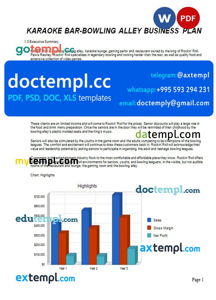 karaoke bar-bowling alley business plan template in Word and PDF formats