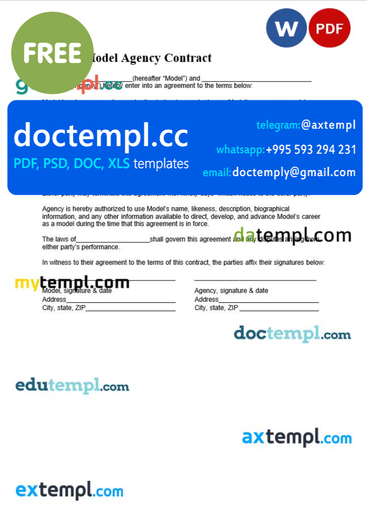 model agency contract template, Word and PDF format