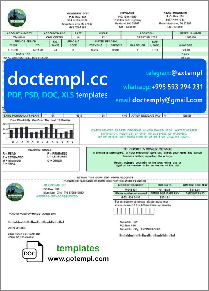 USA Tennessee Mountain Electric Cooperative, Inc. (MEC) utility bill template in Word and PDF format