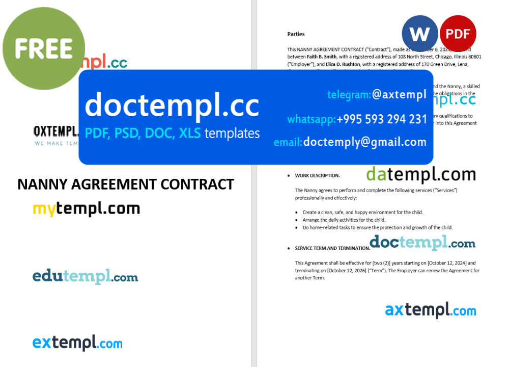 nanny agreement contract template, Word and PDF format