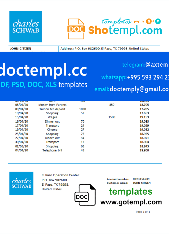 USA Charles Schwab & Co bank proof of address statement template in Word and PDF format