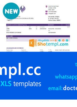 Qatar Development Bank statement template, Excel and PDF format (.xls and .pdf)