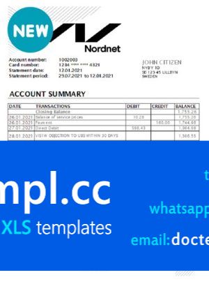 Sweden Nordnet AB bank statement easy to fill template in .xls and .pdf file format