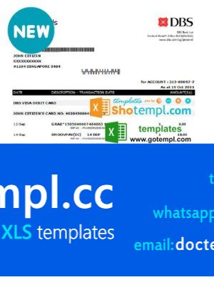 Singapore DBS bank proof of address statement template in .xls and .pdf format