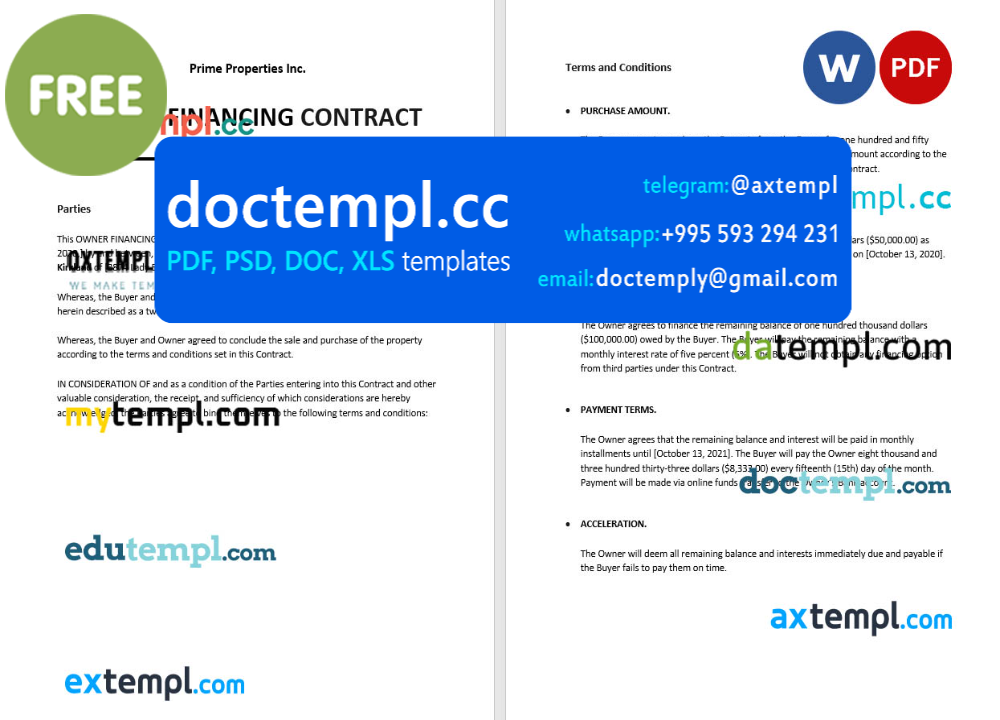 owner financing contract template, Word and PDF format