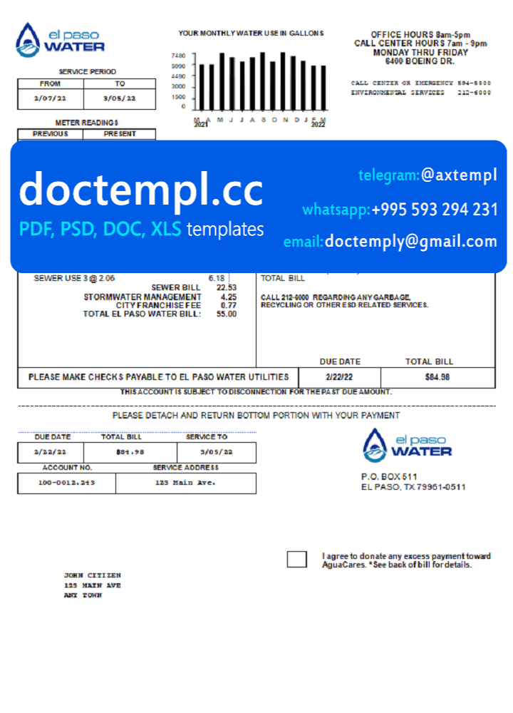 USA Texas El Paso Water utility bill template in Word and PDF format