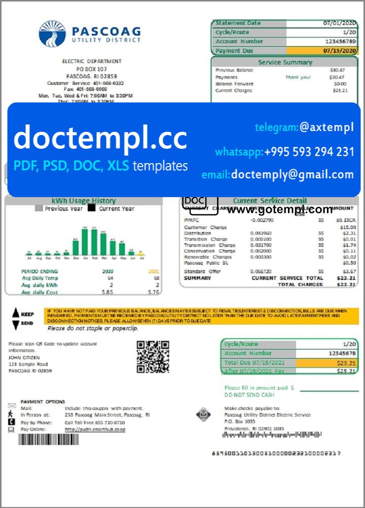 USA Rhode Island Pascoag Utility District utility bill template in Word and PDF format