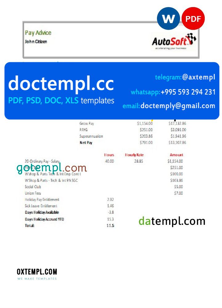 Australia NSW AutoSoft payslip Word and PDF template