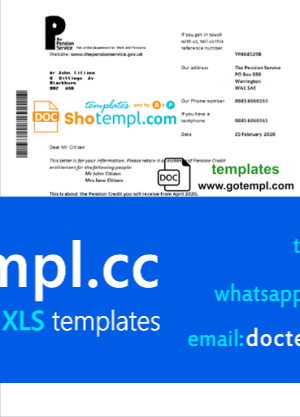 United Kingdom The Pension Service bank proof of address statement template in Word and PDF format