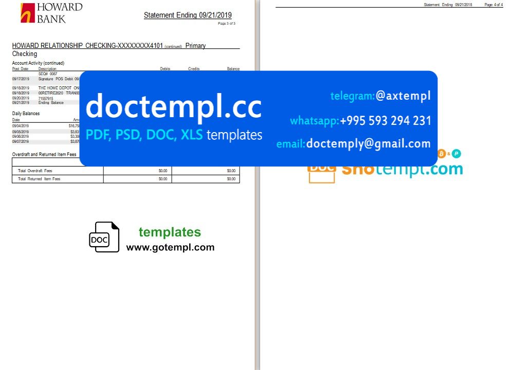 USA Maryland Howard Personal proof of address bank statement template in Word and PDF format (4 pages) - Image 2