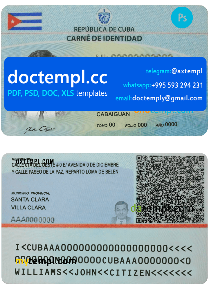 Cuba ID card PSD template, completely editable