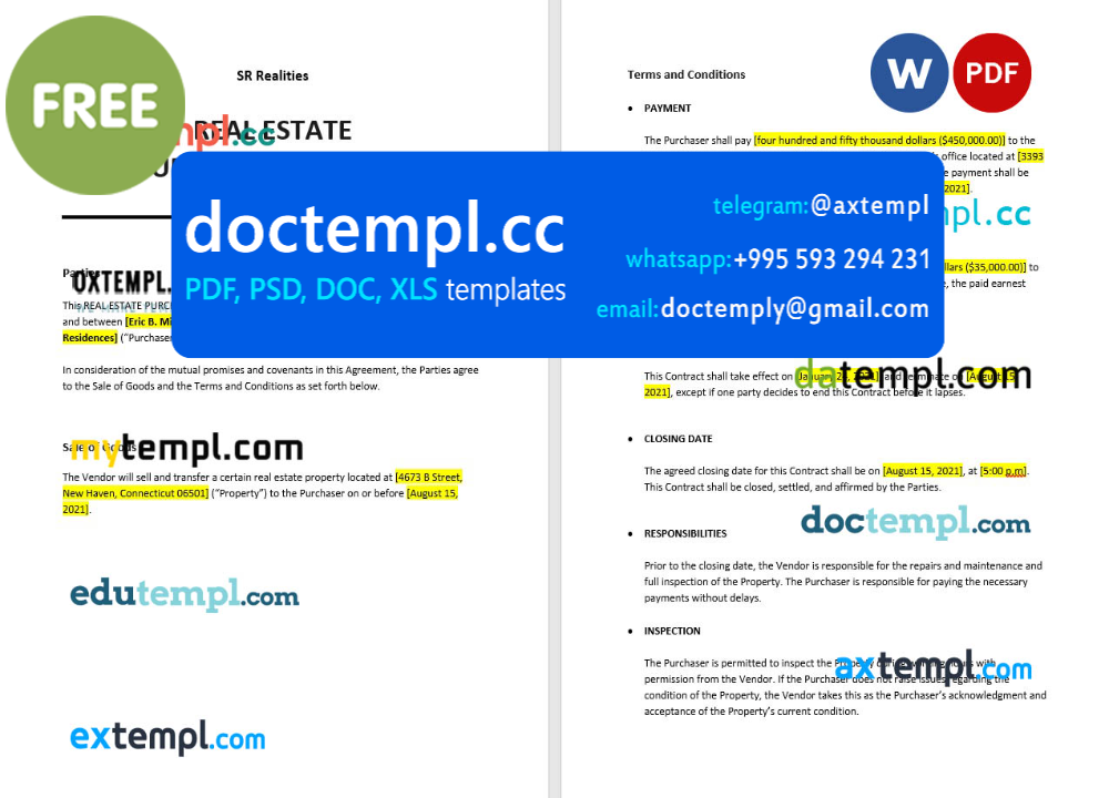real estate purchase contract template, Word and PDF format